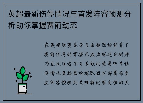 英超最新伤停情况与首发阵容预测分析助你掌握赛前动态 英超最新伤停情况与首发阵容预测分析助你掌握赛前动态